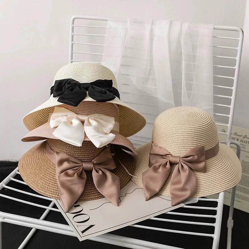 หมวกสานปีกกว้าง มีโบว์สามารถดึงออกและมัดใหม่ได้ หมวกไปทะเลกันแดด พร้อมส่ง