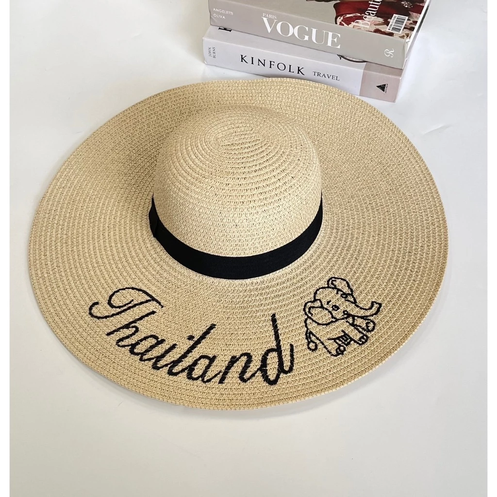 หมวกสานปีกกว้าง มีโบว์สามารถดึงออกและมัดใหม่ได้ หมวกไปทะเลกันแดด พร้อมส่ง